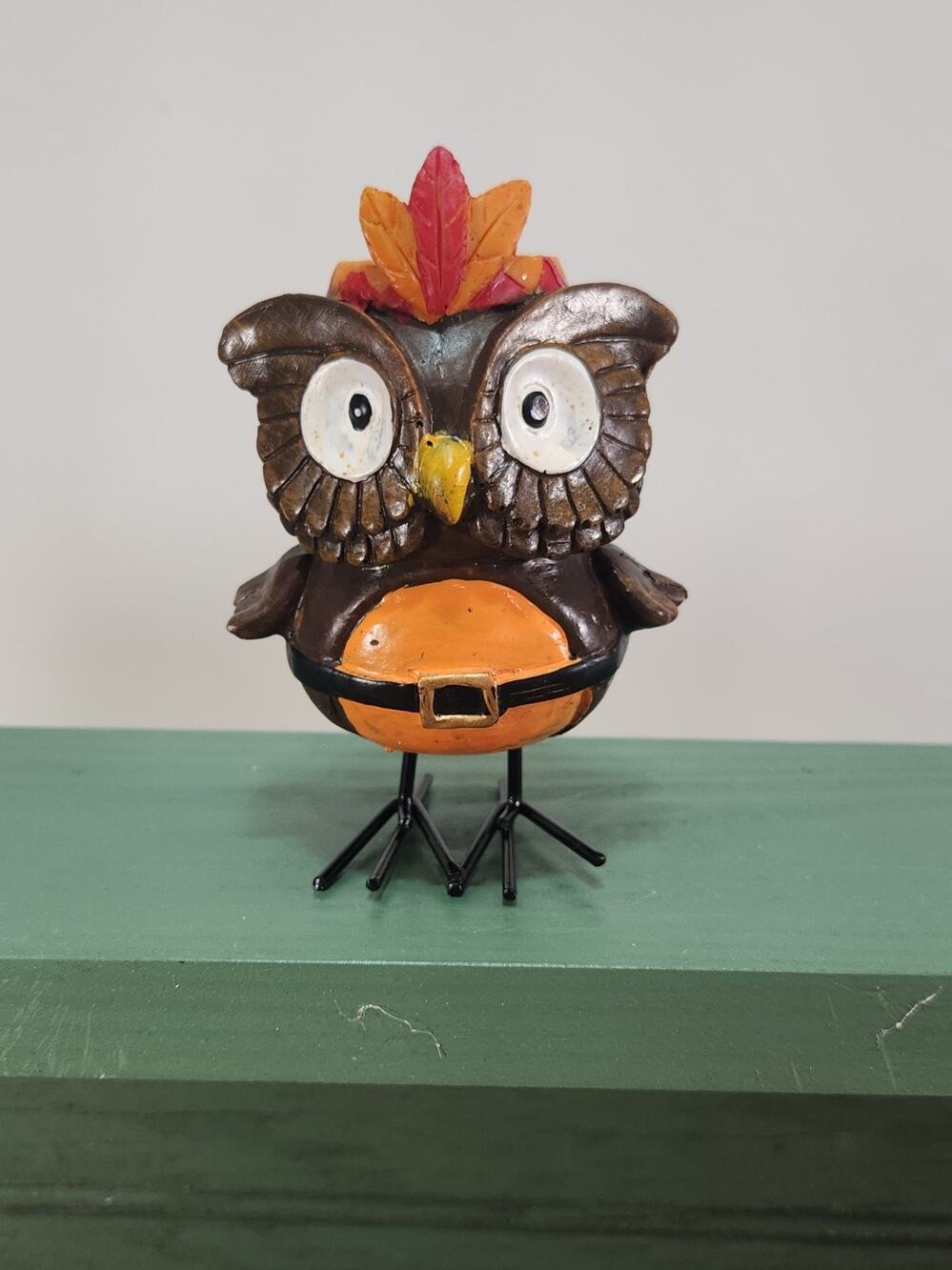 Thanksgiving Owl Figurine Feather Headband Harvest Fall Decor Metal Legs 4"